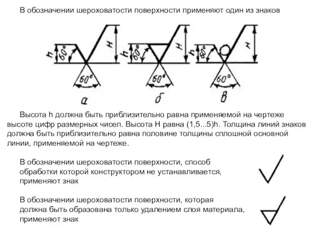 В обозначении шероховатости поверхности применяют один из знаков Высота h должна