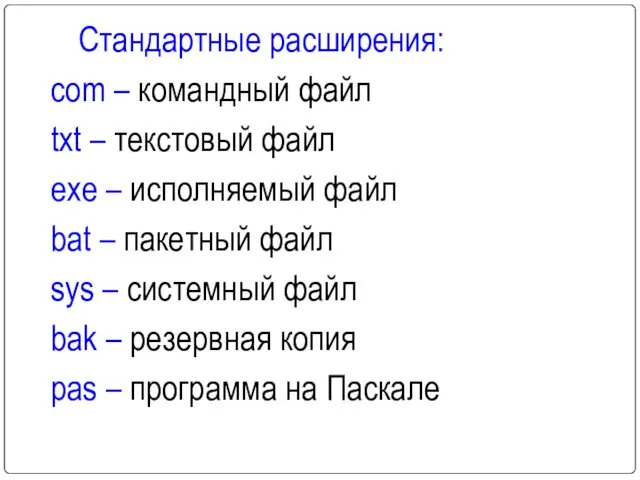 Стандартные расширения: com – командный файл txt – текстовый файл exe