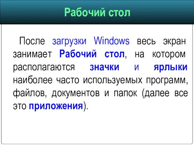 После загрузки Windows весь экран занимает Рабочий стол, на котором располагаются