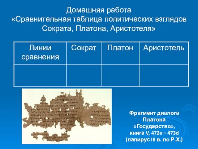 Домашняя работа «Сравнительная таблица политических взглядов Сократа, Платона, Аристотеля» Фрагмент диалога