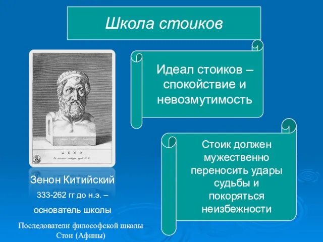 Школа стоиков Зенон Китийский 333-262 гг до н.э. – основатель школы