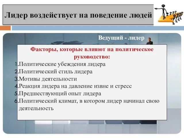 Лидер воздействует на поведение людей Ведомые последователи сторонники Ведущий - лидер