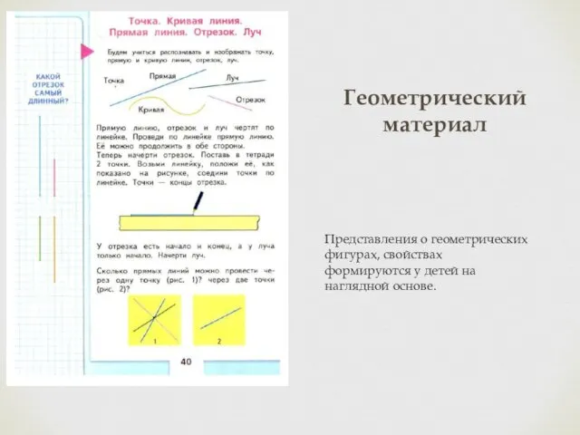 Геометрический материал Представления о геометрических фигурах, свойствах формируются у детей на наглядной основе.