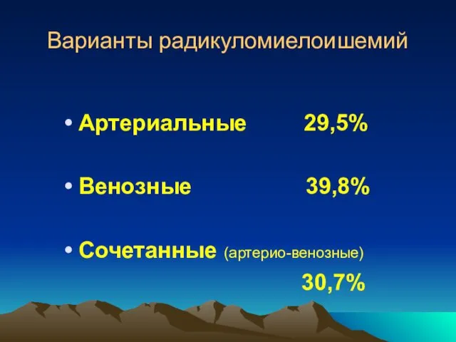 Варианты радикуломиелоишемий Артериальные 29,5% Венозные 39,8% Сочетанные (артерио-венозные) 30,7%