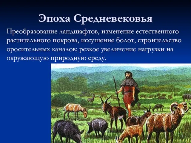 Эпоха Средневековья Преобразование ландшафтов, изменение естественного растительного покрова, иссушение болот, строительство