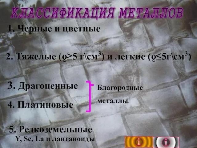 КЛАССИФИКАЦИЯ МЕТАЛЛОВ 1. Черные и цветные 2. Тяжелые (ƍ≥5 г\см3) и