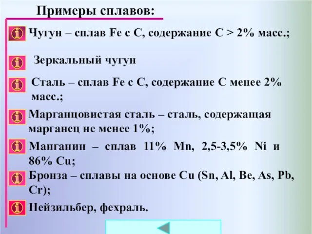 Манганин – сплав 11% Mn, 2,5-3,5% Ni и 86% Cu; Примеры