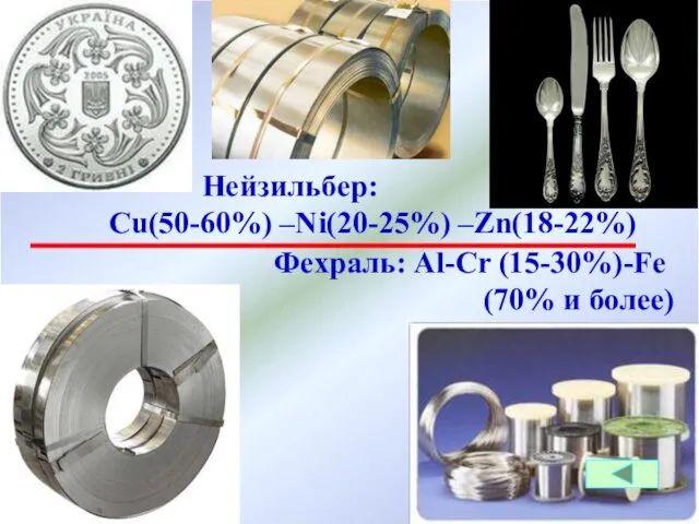 Нейзильбер: Cu(50-60%) –Ni(20-25%) –Zn(18-22%) Фехраль: Al-Cr (15-30%)-Fe (70% и более)