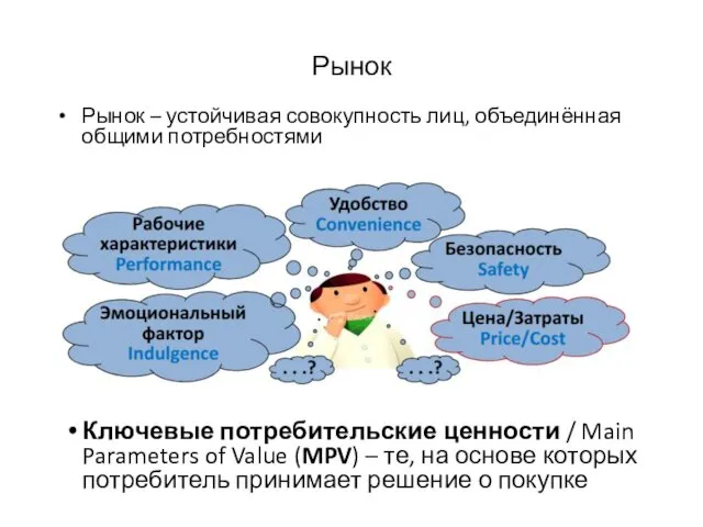 Рынок Рынок – устойчивая совокупность лиц, объединённая общими потребностями Ключевые потребительские