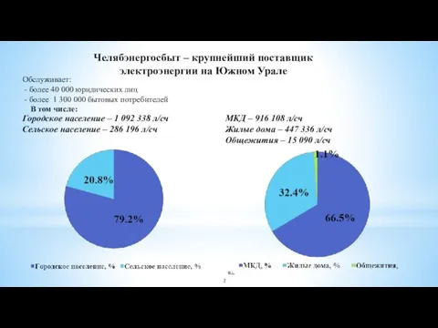 Челябэнергосбыт – крупнейший поставщик электроэнергии на Южном Урале Обслуживает: - более