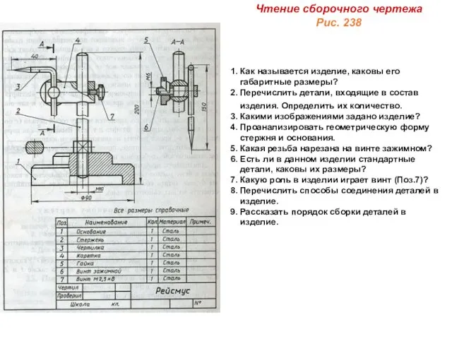 Чтение сборочного чертежа Рис. 238 1. Как называется изделие, каковы его