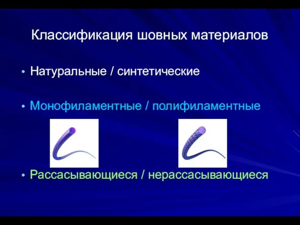 Классификация шовных материалов Натуральные / синтетические Монофиламентные / полифиламентные Рассасывающиеся / нерассасывающиеся