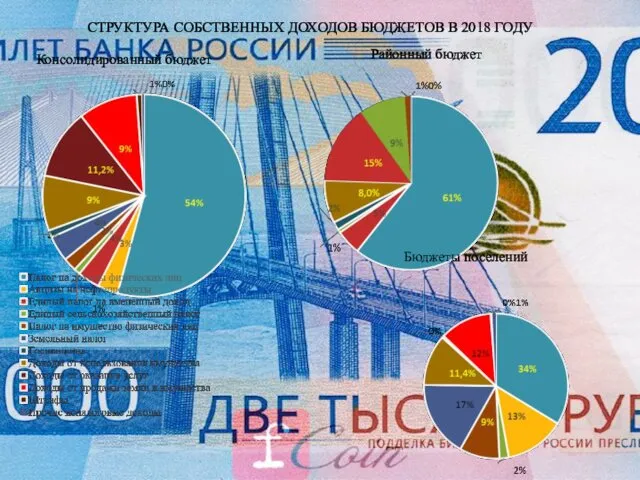 Районный бюджет СТРУКТУРА СОБСТВЕННЫХ ДОХОДОВ БЮДЖЕТОВ В 2018 ГОДУ Консолидированный бюджет Бюджеты поселений