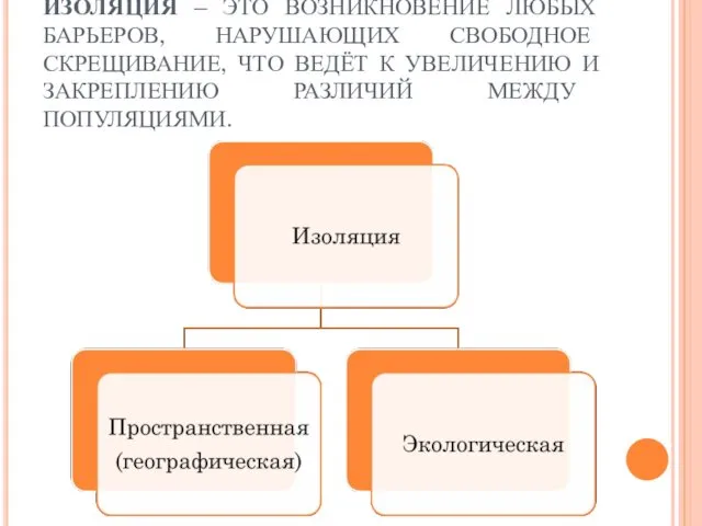 ИЗОЛЯЦИЯ – ЭТО ВОЗНИКНОВЕНИЕ ЛЮБЫХ БАРЬЕРОВ, НАРУШАЮЩИХ СВОБОДНОЕ СКРЕЩИВАНИЕ, ЧТО ВЕДЁТ