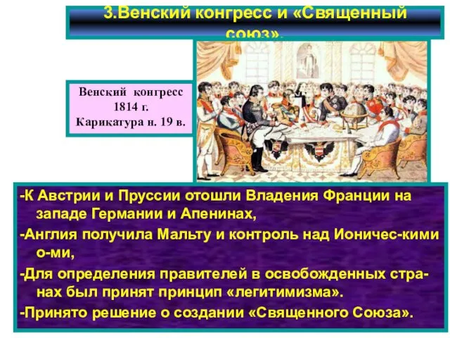 3.Венский конгресс и «Священный союз». -К Австрии и Пруссии отошли Владения