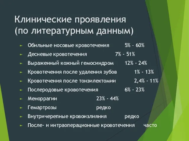 Клинические проявления (по литературным данным) Обильные носовые кровотечения 5% – 60%