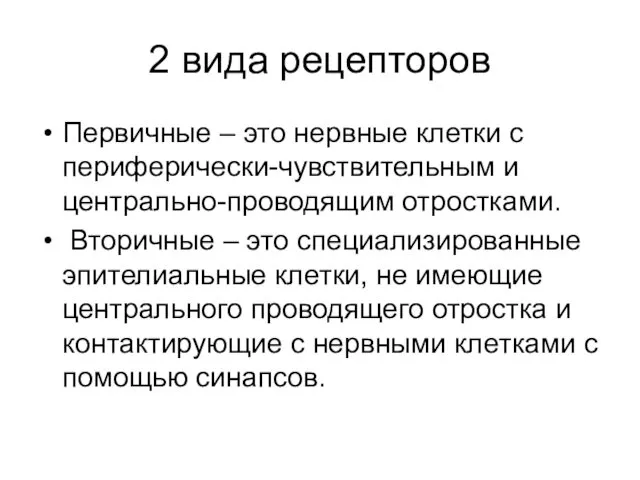 2 вида рецепторов Первичные – это нервные клетки с периферически-чувствительным и