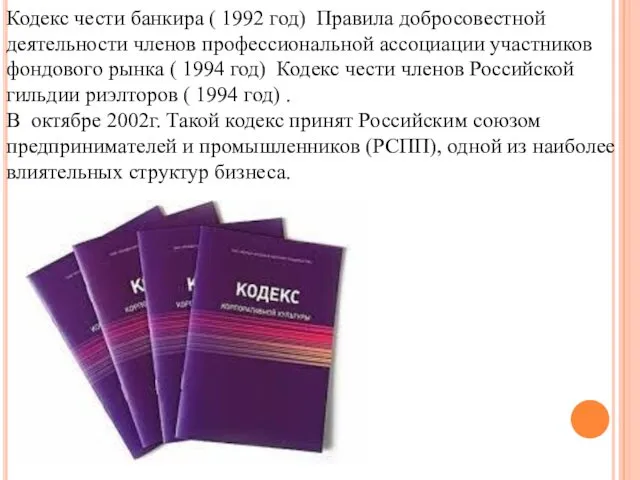 Кодекс чести банкира ( 1992 год) Правила добросовестной деятельности членов профессиональной