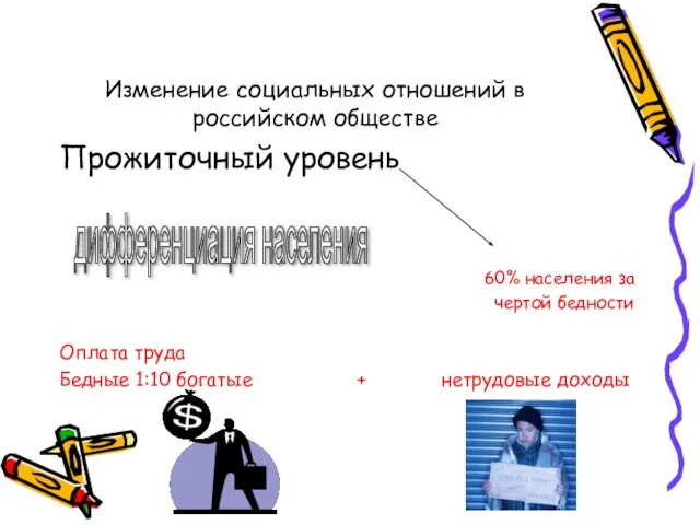 Изменение социальных отношений в российском обществе Прожиточный уровень 60% населения за