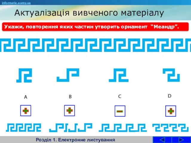 Актуалізація вивченого матеріалу Розділ 1. Електронне листування informatic.sumy.ua Укажи, повторення яких частин утворить орнамент “Меандр”.