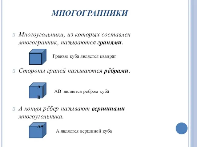 МНОГОГРАННИКИ Многоугольники, из которых составлен многогранник, называются гранями. Стороны граней называются