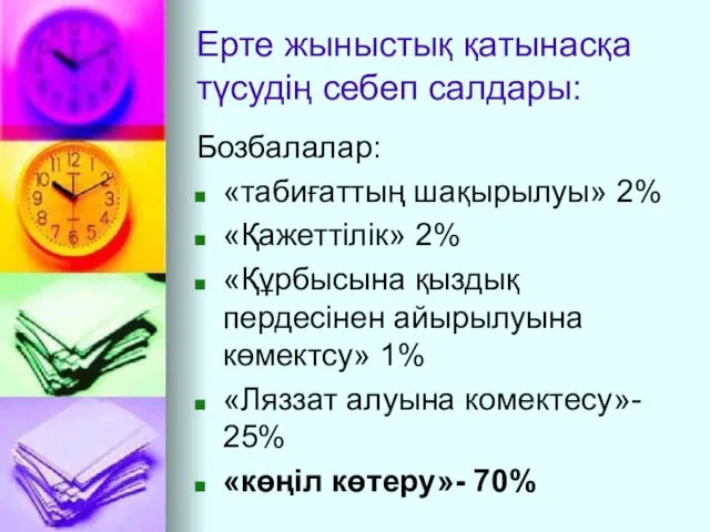 Ерте жыныстық қатынасқа түсудің себеп салдары: Бозбалалар: «табиғаттың шақырылуы» 2% «Қажеттілік»