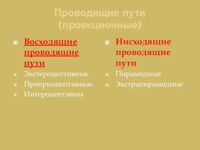 Проводящие пути (проекционные) Восходящие проводящие пути Экстероцептивные Проприоцептивные Интероцептивны Нисходящие проводящие пути Пирамидные Экстрапирамидные