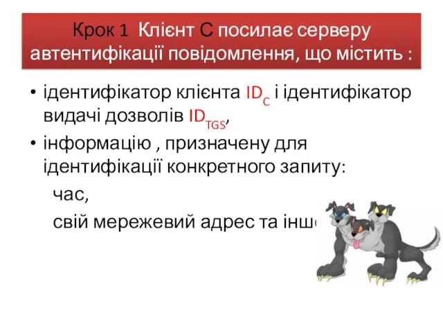 Крок 1 Клієнт С посилає серверу автентифікації повідомлення, що містить :