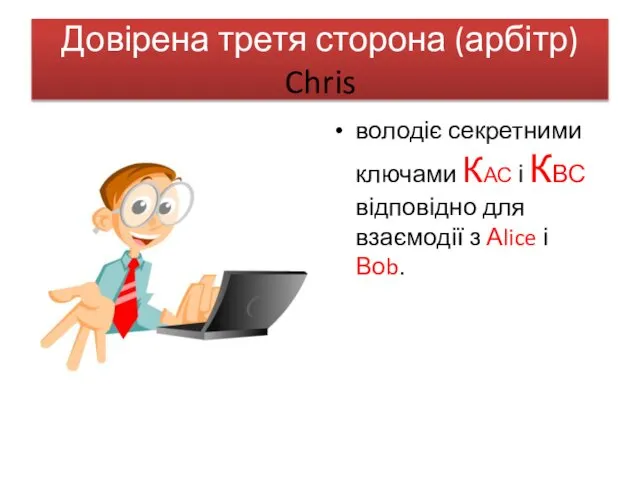 Довірена третя сторона (арбітр) Chris володіє секретними ключами КАС і КВС