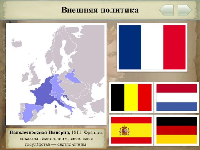 Внешняя политика Наполеоновская Империя, 1811: Франция показана тёмно-синим, зависимые государства — светло-синим.