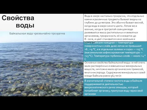 Свойства воды Байкальская вода чрезвычайно прозрачна Основные свойства байкальской воды: в