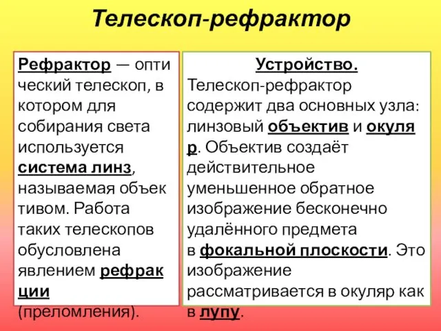 Телескоп-рефрактор Рефрактор — оптический телескоп, в котором для собирания света используется