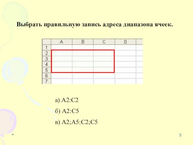 * Выбрать правильную запись адреса диапазона ячеек. а) A2:С2 б) A2:C5 в) A2;A5:С2;С5