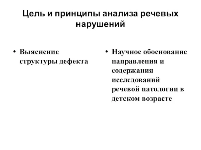 Цель и принципы анализа речевых нарушений Выяснение структуры дефекта Научное обоснование