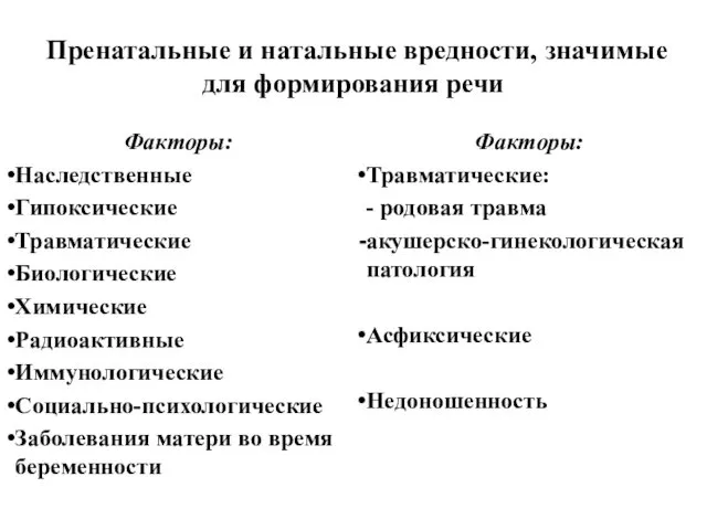 Пренатальные и натальные вредности, значимые для формирования речи Факторы: Наследственные Гипоксические