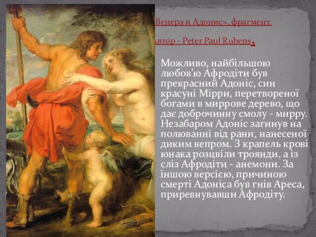 «Венера и Адонис», фрагмент. Автор - Peter Paul Rubens. Можливо, найбільшою