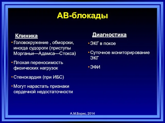 Клиника Головокружение , обмороки, иногда судороги (приступы Морганьи—Адамса—Стокса) Плохая переносимость физических