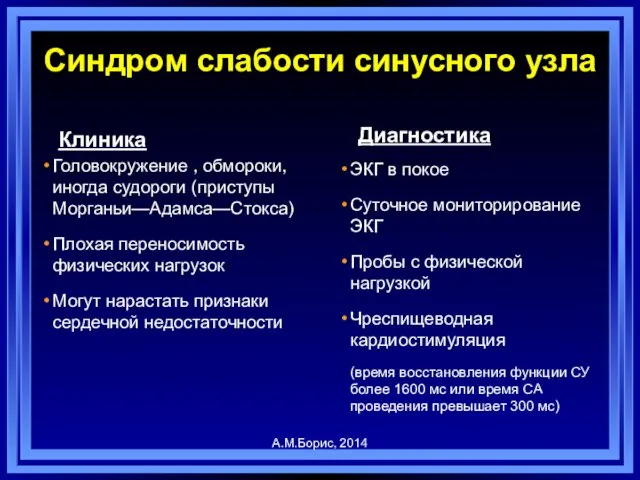 Клиника Головокружение , обмороки, иногда судороги (приступы Морганьи—Адамса—Стокса) Плохая переносимость физических