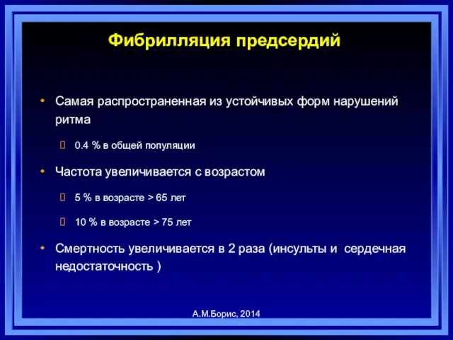 Фибрилляция предсердий Самая распространенная из устойчивых форм нарушений ритма 0.4 %