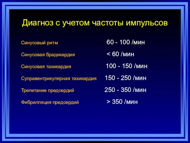 Диагноз с учетом частоты импульсов Синусовый ритм 60 - 100 /мин