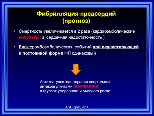 Фибрилляция предсердий (прогноз) Смертность увеличивается в 2 раза (кардиоэмболические инсульты и