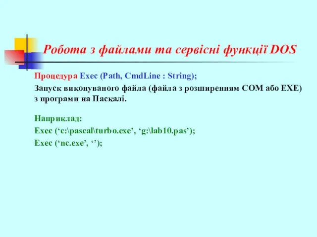 Робота з файлами та сервісні функції DOS Процедура Exec (Path, CmdLine