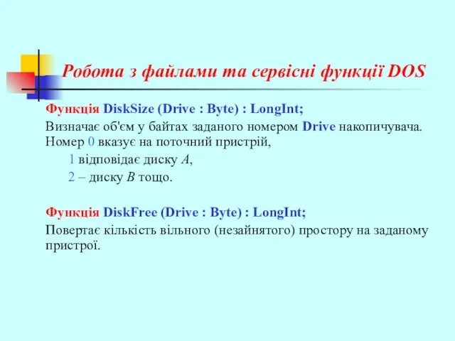 Робота з файлами та сервісні функції DOS Функція DiskSize (Drive :