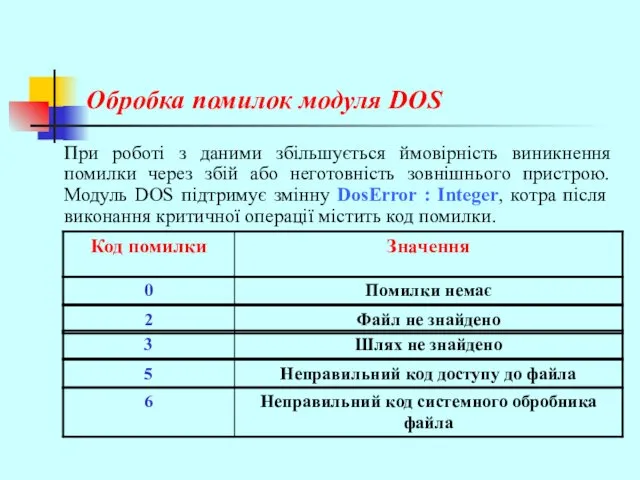 Обробка помилок модуля DOS При роботі з даними збільшується ймовірність виникнення