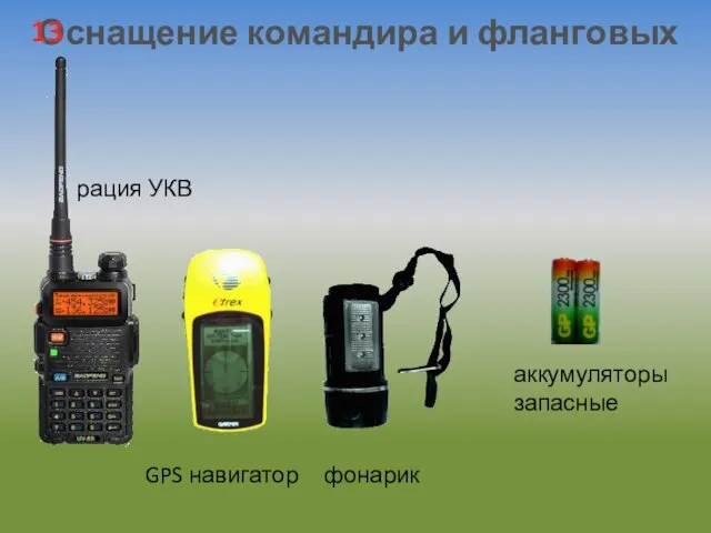 аккумуляторы запасные Оснащение командира и фланговых 13 рация УКВ GPS навигатор фонарик