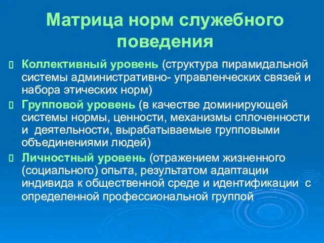 Матрица норм служебного поведения Коллективный уровень (структура пирамидальной системы административно- управленческих