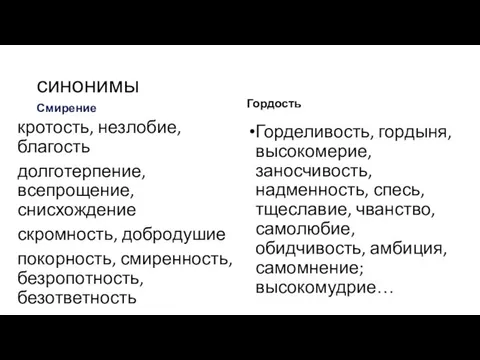 синонимы Смирение кротость, незлобие, благость долготерпение, всепрощение, снисхождение скромность, добродушие покорность,