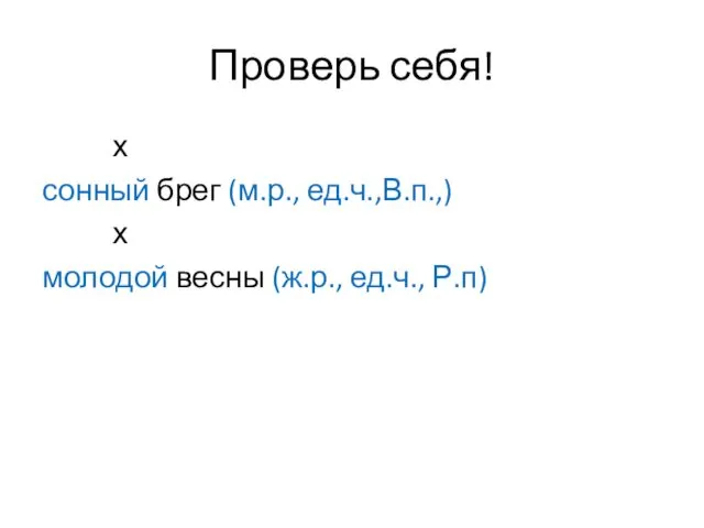 Проверь себя! х сонный брег (м.р., ед.ч.,В.п.,) х молодой весны (ж.р., ед.ч., Р.п)