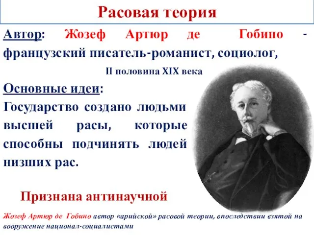 Расовая теория Основные идеи: Государство создано людьми высшей расы, которые способны