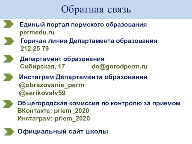 Обратная связь Единый портал пермского образования permedu.ru Горячая линия Департамента образования